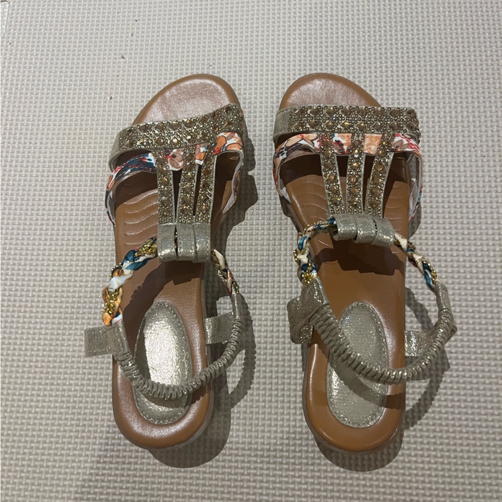 Glittery Gold Sandals with Multicolor Straps